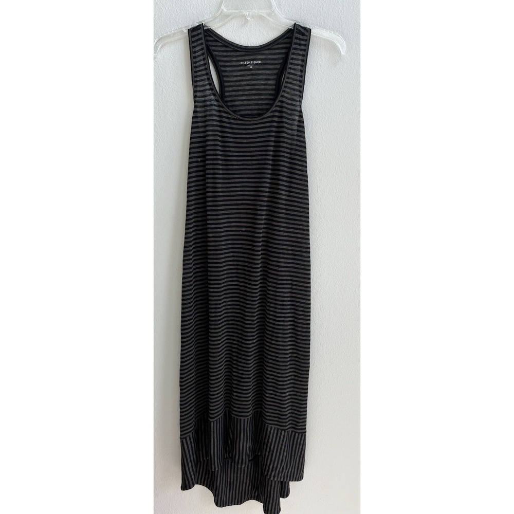 Eileen Fisher Olive Green Black Striped Linen Knit Racerback Tank Dress Size XS